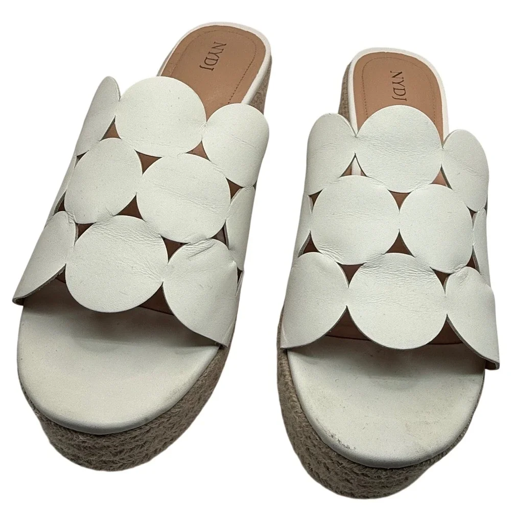 NYDJ Helene White Leather Circle Cutout Espadrille Wedge Sandals Size‎ 9.5M
